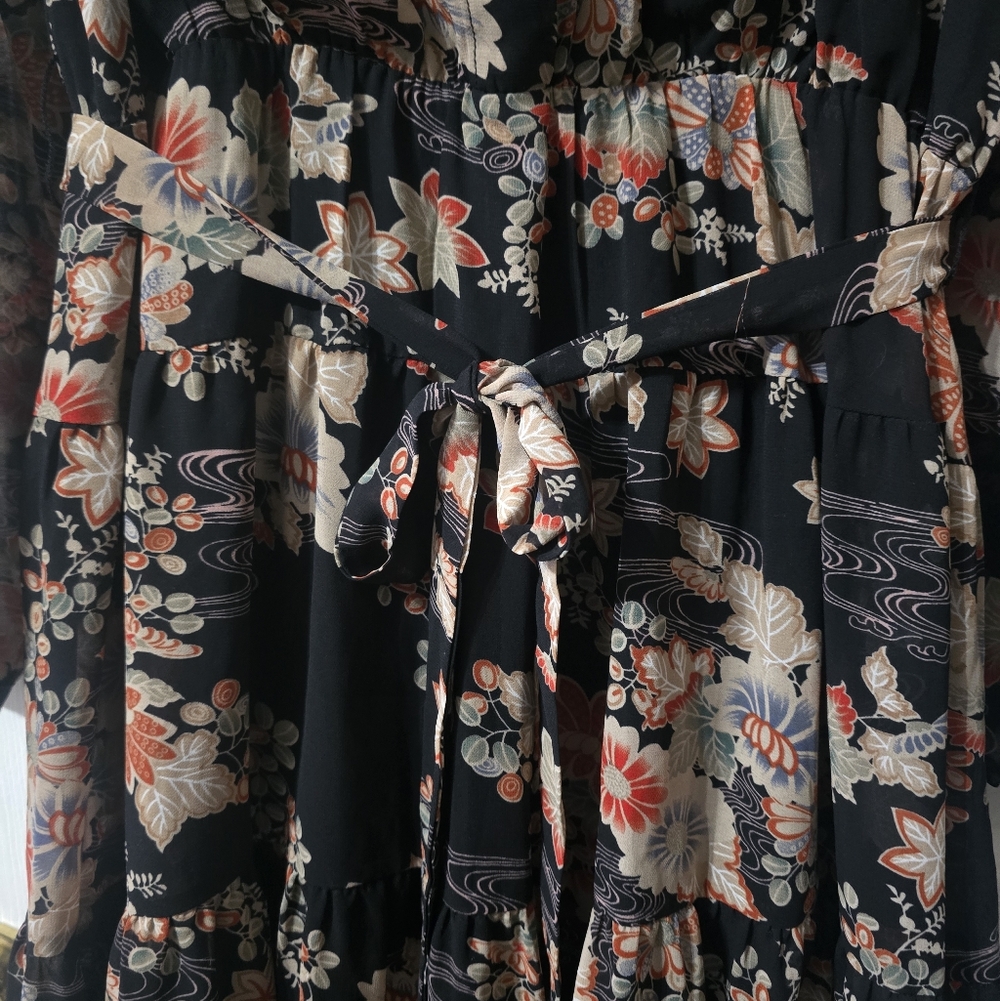 Molly Bracken Floral Print Ruffle Hem Midi Shirt Dress, Stretch Waist, EUC! - Picture 9 of 16